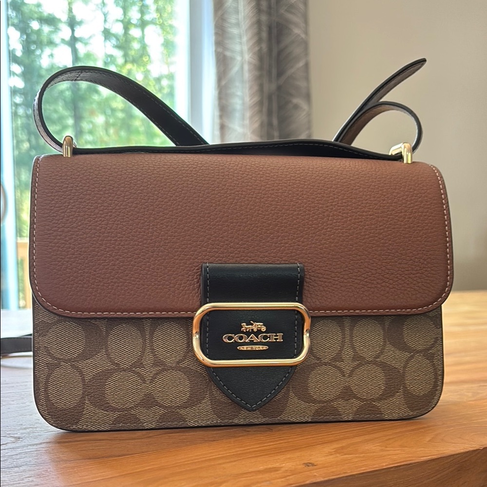 Coach Signature Brown and Tan Crossbody Bag with Gold Hardware